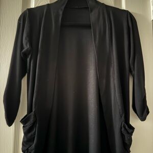 Black Cardigan Ruched 3/4 Sleeve Open Front with Pockets